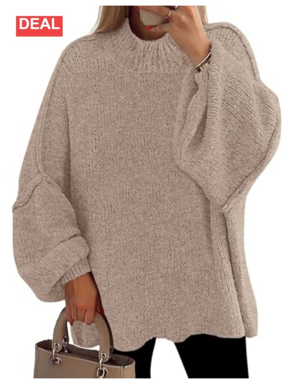 Oversized Mock Neck Chunky Knit Pullover Sweater Lantern Sleeve Tunic